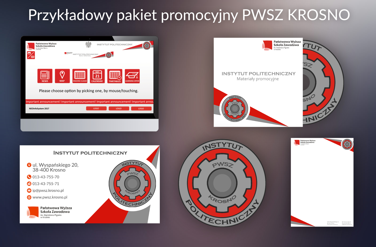 Przykładowy zestaw promocyjny PWSZ Krosno. Wykonano na zaliczenie przedmiotu. Zestaw zawiera projekty Loga, wizytówki, ekranu startowego aplikacji uczelni w mockup'ie, papieru firmowego, płyty wraz z jej okładką. Wykonano w programach Affinity Photo, CorelDRAW, oraz Paint.Net.